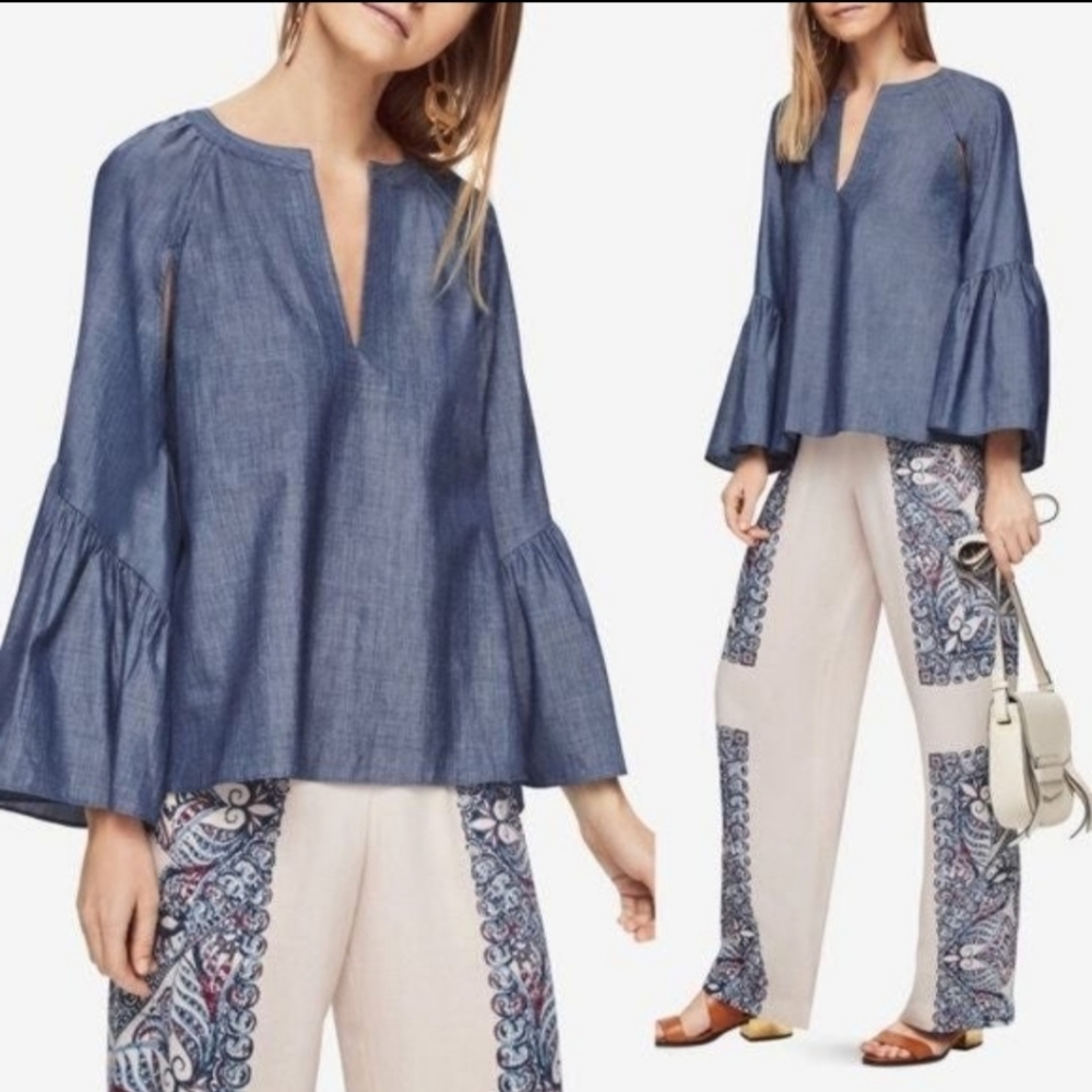 BGBG MAX AZRIA Suzie Bell Sleeve Chambray Top Sz M